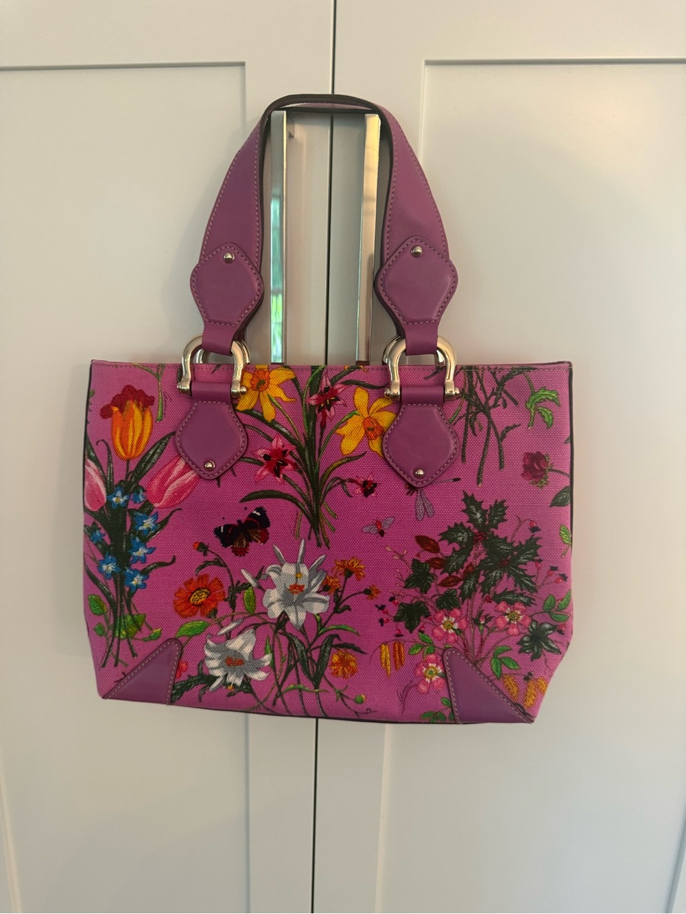 Rare Vintage Gucci Pink Floral Canvas Tote with Leather Handles